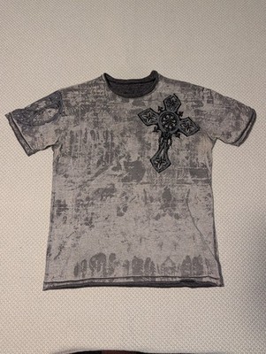 Y2K Affliction Reversible Mens Medium Graphic Wings Skull Gray T-shirt MMA Tough