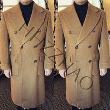Camel 100 Cashmere Men's Overcoat Formal Business Peak Lapel Long Jacket Coats