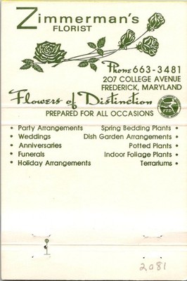 Zimmerman Florist F Gaither Frederick MD Vintage Large Matchbook Cover TSD7-M10