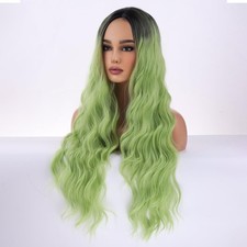 Long Green Wigs for Women Girls Ombre Green Wig Middle Part Curly Wavy Wig He...