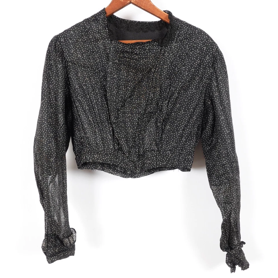 Antique Victorian Shirt Silk Blouse Jacket Skirt 1800 Black Polka Dot Boning VTG - Image 2 of 4