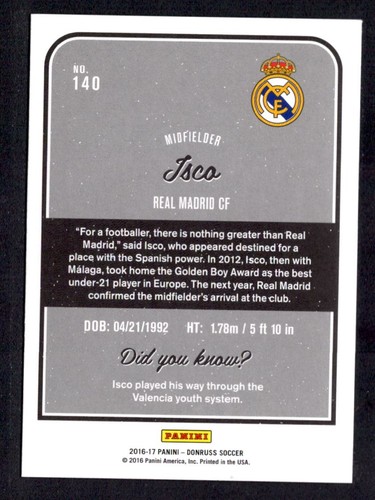2016 Donruss Isco Real Madrid CF #140 - Picture 2 of 2