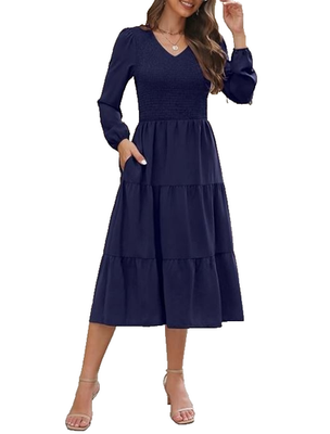 Merokeety Dress XL Navy Blue Smocked Long Sleeve Tiered Midi NWT | eBay Merokeety Dress XL Navy Blue Smocked Long Sleeve Tiered Midi NWT | eBay
