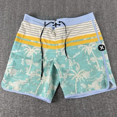 Hurley Phantom Board Shorts Mens 33 Blue Yellow Hawaii Aloha Print Surf Swim