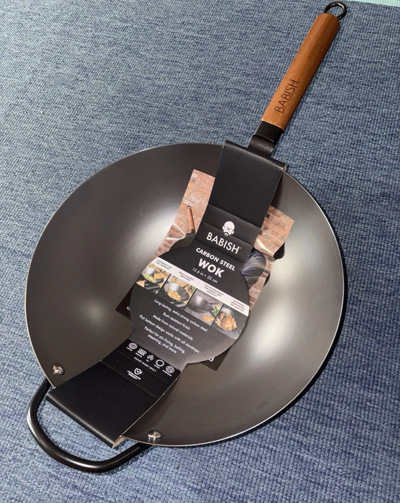 Babish 12.6 inch Carbon Steel Wok Antirust Coat Flat Bottom Detachable Handle