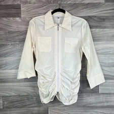 CAbi Blouse Women's Size 10 Cream Stretch Long Sleeve Full Zip Ruched Career Top