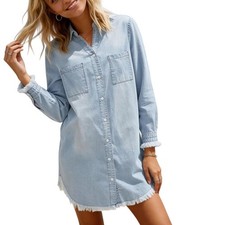 ZILCREMO Denim Shirt Dress Womens Large Light Blue Fringed Hem Long Sleeve NWT
