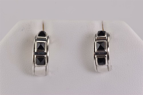 Sterling Silver 16mm x 6.5mm Faceted Square Black Onyx Half Hoop Post Earrings - Picture 1 of 6