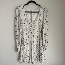Free People Mini Dress White Floral Smocked Long Sleeve Bohemian Cottagecore S