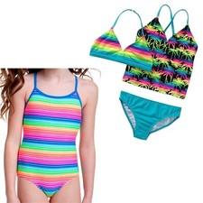 Op Girls 4/5 Swim Suit Lot  Striped 1pc  Rainbow Palms Bikini/Tankini 3pc Set