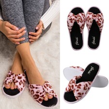 Pink Leopard Pattern Open Toe Bow Knot Slippers Warm Cozy Indoor Shoes Size 6-10
