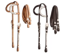 Silver Show Headstall-Bridle - Light Or Dark Oil - Double Ear - Split Reins