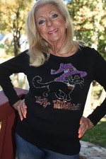 Halloween rhinestone bling shirt XS S M L XL XXL 1X 2X 3X 4X5X Black Cat