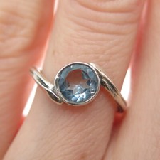 925 Sterling Silver Vintage Real Round-Cut Blue Topaz Bypass Ring Size 3.75