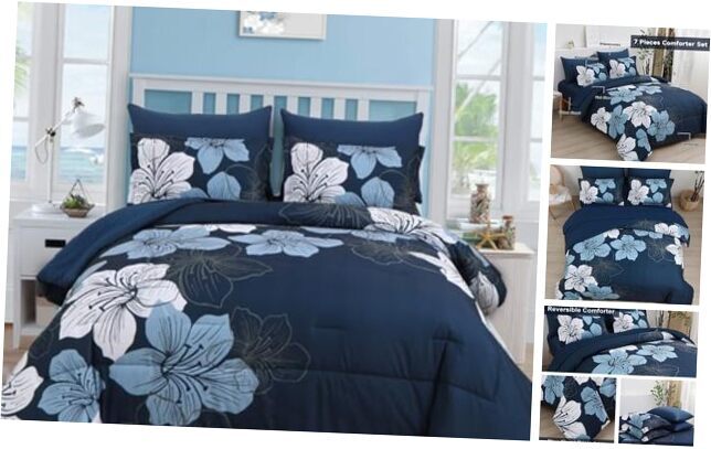 Comforter Set Size, 7 Pieces Bed in a Bag Floral Comforter and Queen Navy Blue