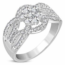 925 Sterling Silver White Clear CZ Flower Floral Engagement Ring Band