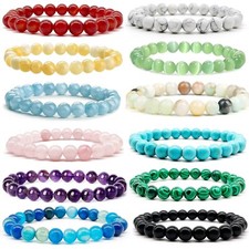 12 PCS Gemstone 8mm Round Beaded Bracelet Set Healing Crystal Stone Stretch B...