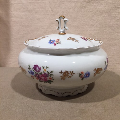 Vintage Reichenbach 6"" feine China Süßigkeitenschale mit Blumen und Zierleisten in Gold DDR - Bild 6 von 9