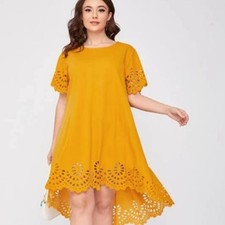 SHEIN Women’s Size 1X (14) Yellow Hi-Low Dress  Eyelet Hem Short Sleeve,