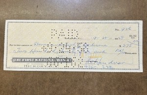 Vintage Bank Check First National Bank Of Catawba County Hickory, NC