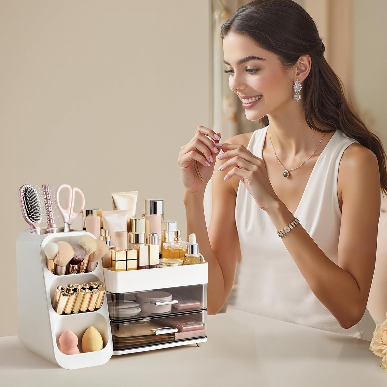 Makeup Organizer with Brush Holder for Vanity, Large Plastic Bathroom Countertop