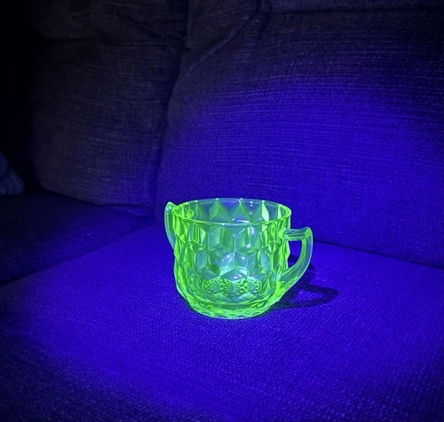 Vintage Green Vaseline Uranium Glass Depression Glass Sugar Bowl Cubist Pattern