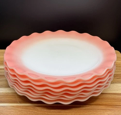 Vintage Hazel-Atlas Crinoline "Ripple Pink" Milk Glass Dinner Plate 9” Set Of 7