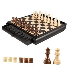Wooden Chess Checkers Game Set 15.5" Large Size Board w/Storage Drawers,