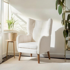 Ivory White Modern Retro Accent Chair with Birch Wood Legs for Living Room