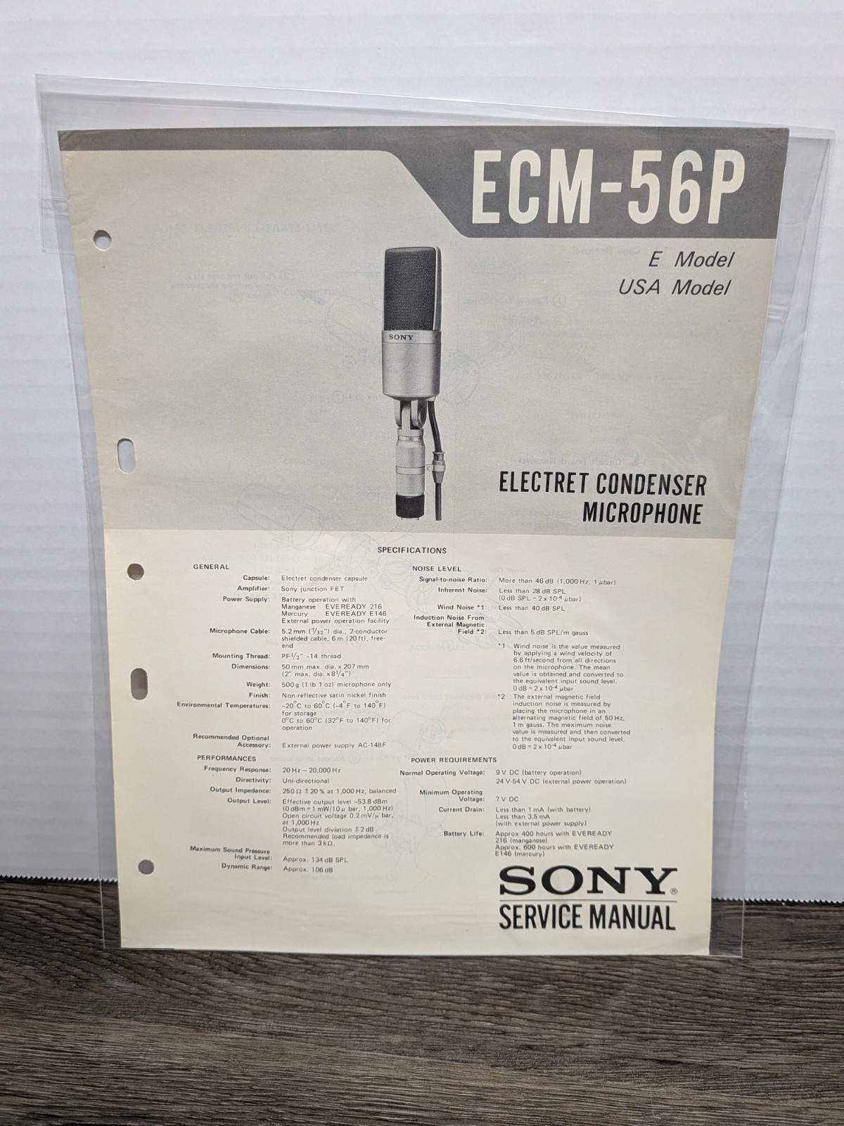 Sony Microphone ECM-56P Service Manual Genuine Original Paperwork Vintage 