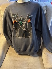 Halloween Sweatshirt Womens XL 3 Black Cats On Black Ribbon Bows Pullover Hanes