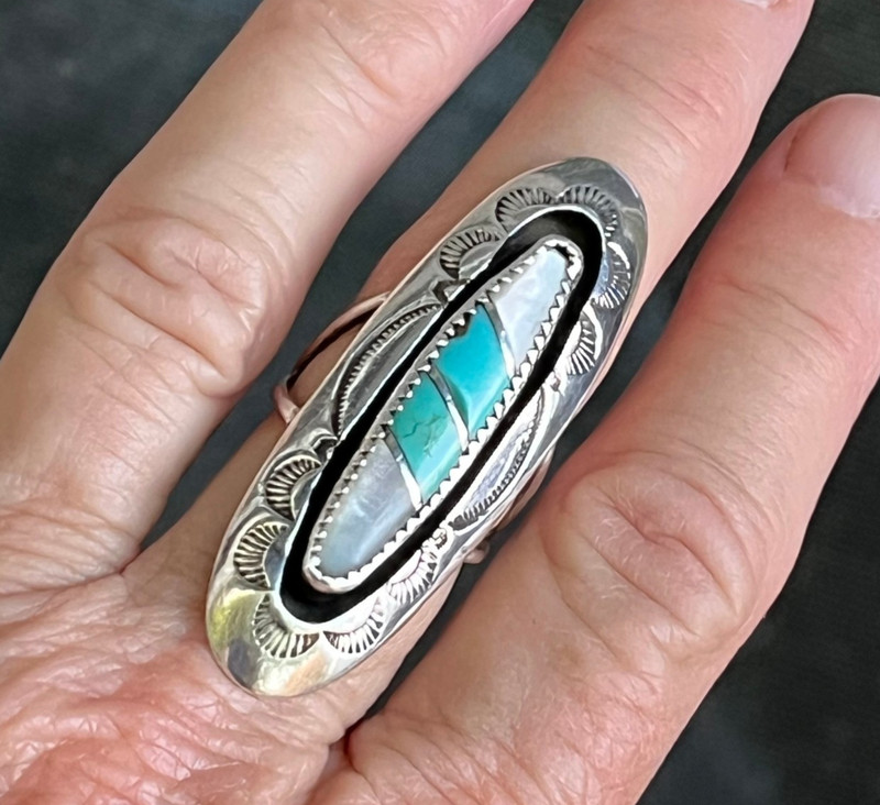 GIANT HUGE Vintage LONG Navajo turquoise MOP inlay sterling silver ring SIZE 8