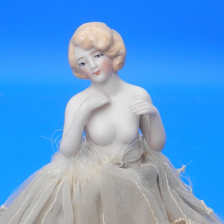 Vintage HALF DOLL PIN CUSHION Porcelain Figurine Bathing Beauty HANDS AWAY