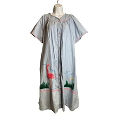 Vintage Smart Time Blue Cotton Flamingo Embroidered House Dress M Kaftan Mumu