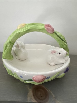 Ceramic Easter Basket Candy Dish 3D Bunnies Aspen Promotion