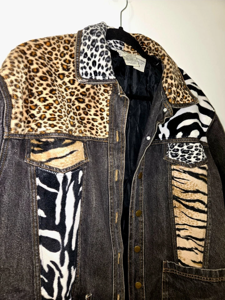 Jaqueta jeans preta vintage anos 90 Cervelle animal print feminina M preta zebra chita - Imagem 3 de 4