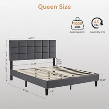 Full/Queen Size Bed Frame w/Fabric Upholstered Headboard & Wooden Slats Support-