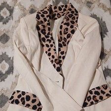 Women's Mid-Length Blazer with Leopard Print Trim, Button Closure, Lined