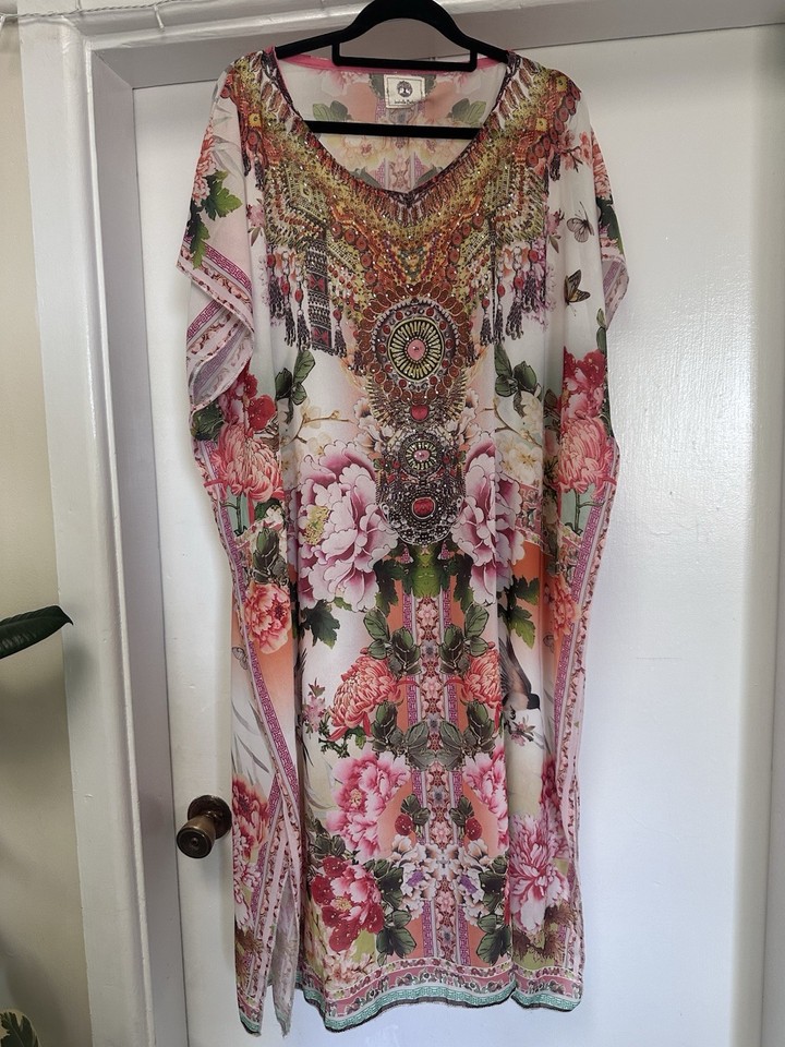 Isabella Boho One Size Chiffon Beaded Kaftan Maxi Dress Floral V-Neck