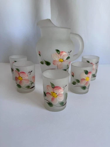 Vintage Hazel Atlas Gay Fad Dogwood Frosted Pitcher and 5 Glasses