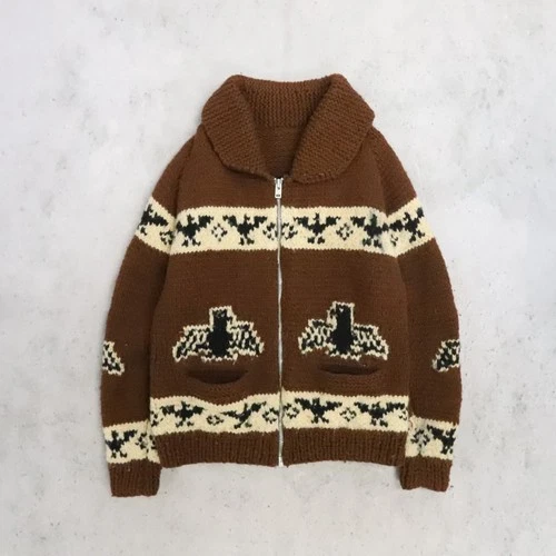 Vintage Totem Thunderbird Wool Knit Cowichan Sweater Size XL Brown