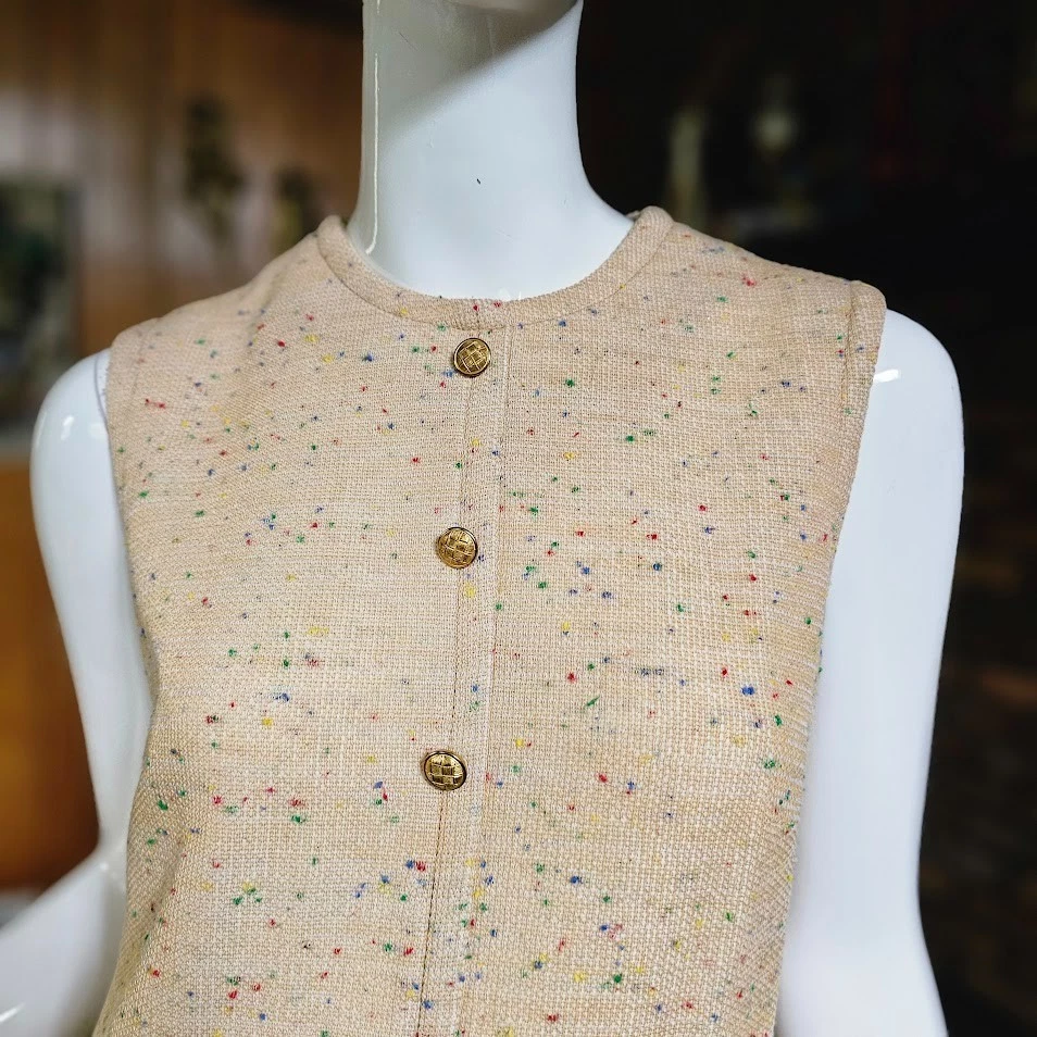 复古 70 年代 Mod Rainbow Confetti 针织燕麦条纹西装外套 + 迷你换装连衣裙 M/L — 第 3/4 张图片