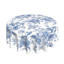 Spring Summer Blue Floral Round Tablecloth 60 Inch Vintage Chinoiserie Flower...