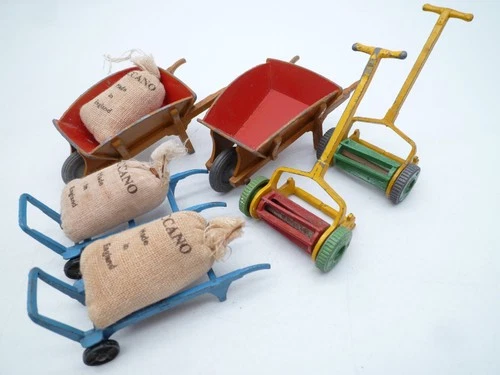 VINTAGE DINKY TOYS ACCESSORY LOT x9 WHEEL BARROW SACK BARROW LAWN MOWER 1950s