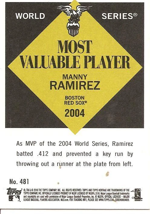 MANNY RAMIREZ 2010 TOPPS HERITAGE - #481 - SP - SHORT PRINT  - Image 2 of 2