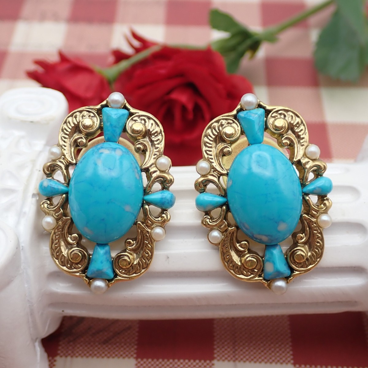 Vintage Simulated Turquoise Faux Pearl Ornate Gold Tone Pierced