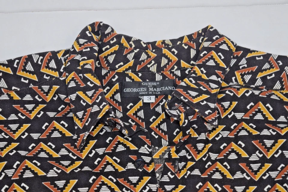 Vintage Leisure Shirt Guess Size L 80s Black Orange Yellow Shapes Rayon Made USA - Image 4 of 4