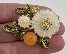 Gold Tone Plastic Enamel Flower Orange Brooch...