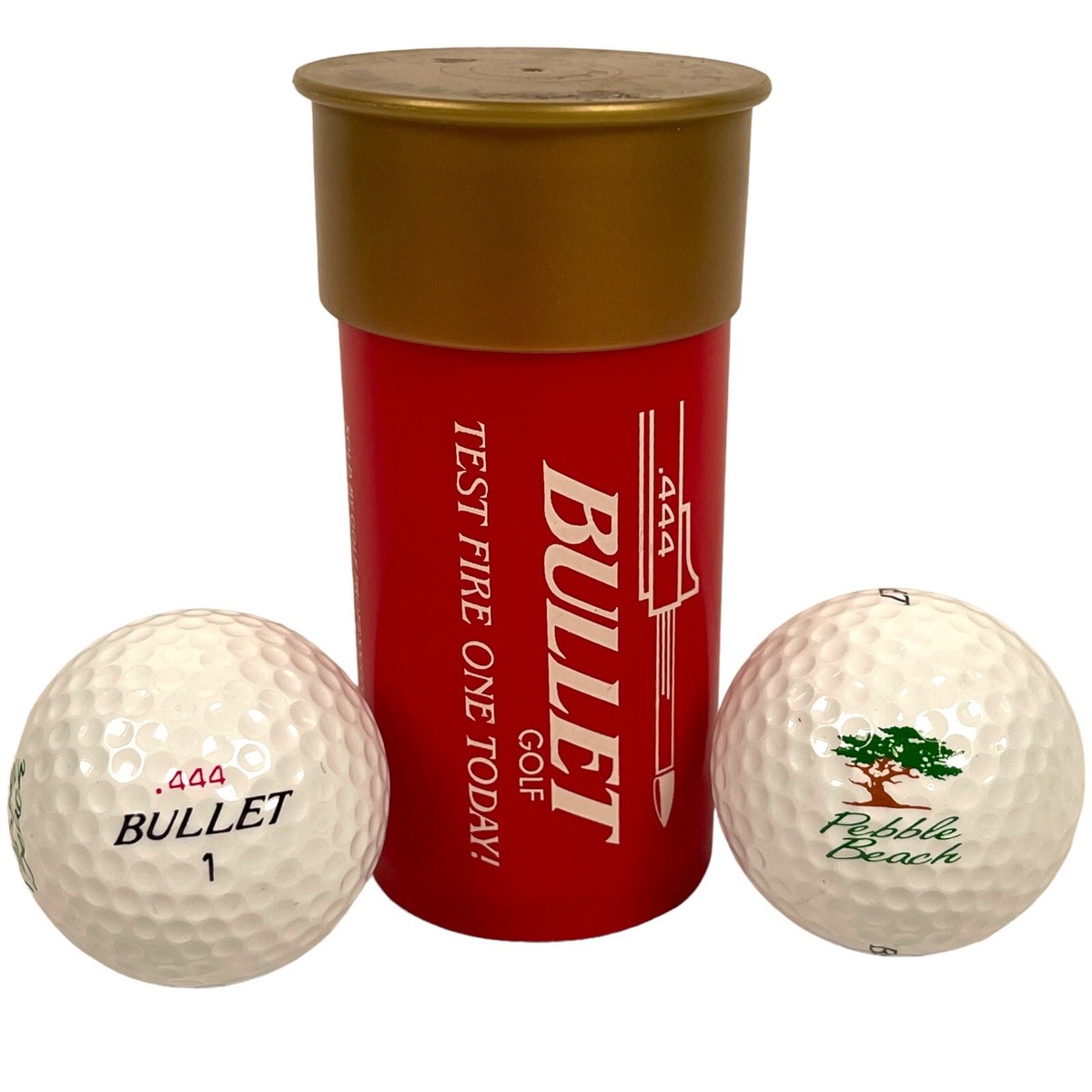 2 BULLET .444 Golf Balls NUMBER 1 in Promo Shell Holder Pebble 