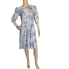 Vintage 80s California Looks Blue Roses Floral Pleated Garden Party Dress